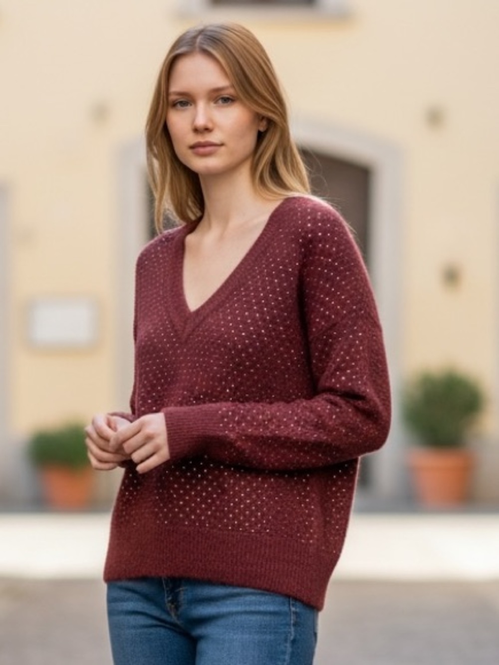 INC International Concepts Burgundy Rhinestone V-Neck Knit Sweater